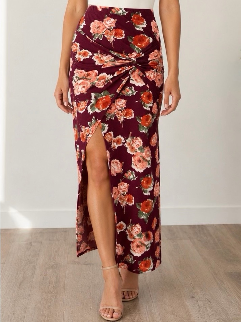 Joe B Floral Twist Front Ruched Knot Maxi Skirt Burgundy Red Orange Slit S EUC